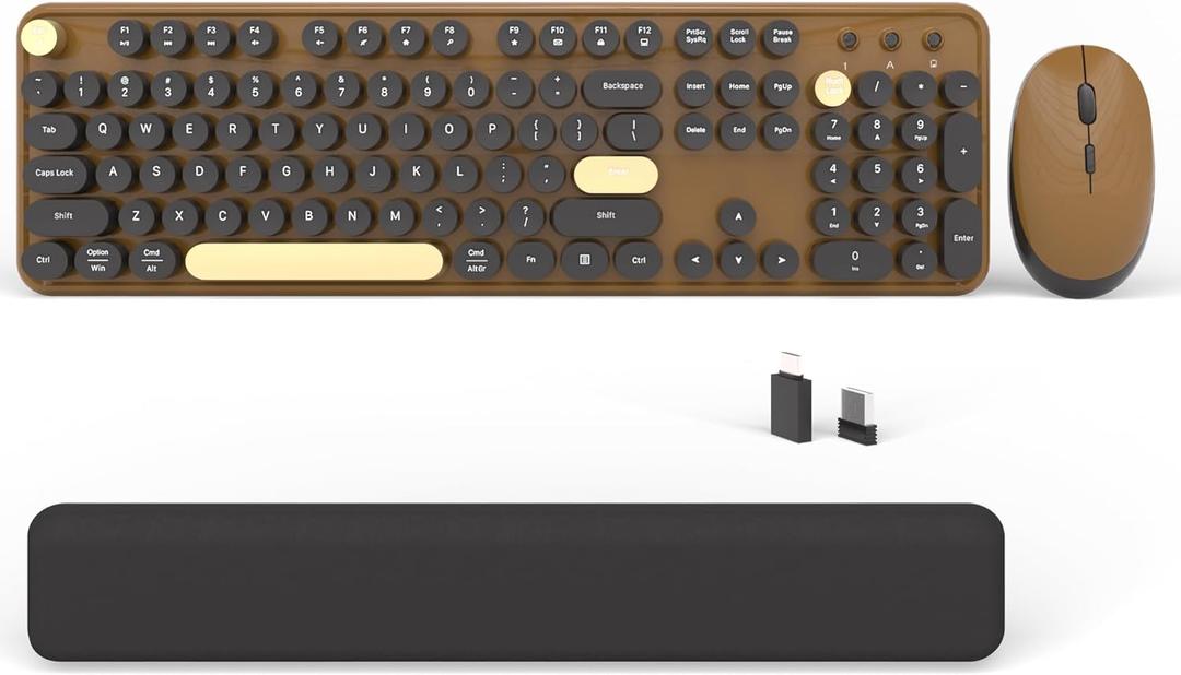 Wireless Computer Keyboards Mouse Combos, COVEVA Colorful Typewriter Retro Keyboard with Round Keycaps, USB Keyboard and Mouse Set 2.4GHz Full-Size Wireless Keyboard and Optical MouseBlack-Coffee