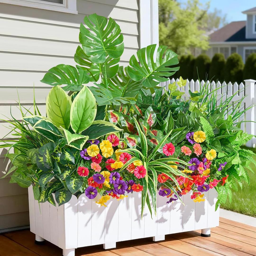 Artificial Plants Outdoor,18PCS UV Resistant Fake Greenery&Flowers with Stems Faux Plant Outside for Front Proch Garden Patio Planters Window Boxes Home Decor(Not Included Planter)