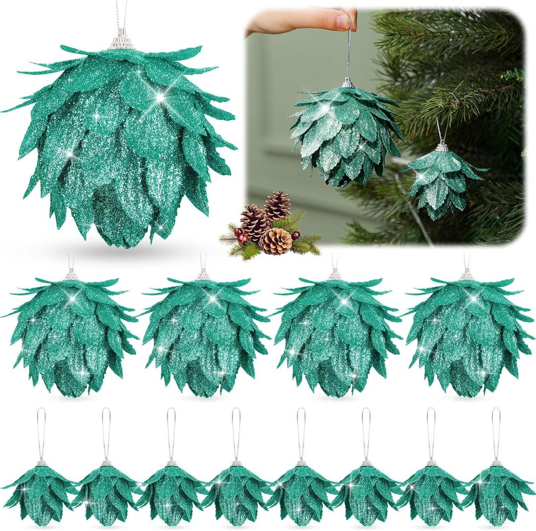 Syhood 12 Pcs Christmas Ball Ornaments Glitter Pinecone Balls Xmas Tree Decoration Hanging Pinecone Ornaments Rustic Pine Cones for Xmas Winter Party Holiday Wedding Home Decorations (Green)