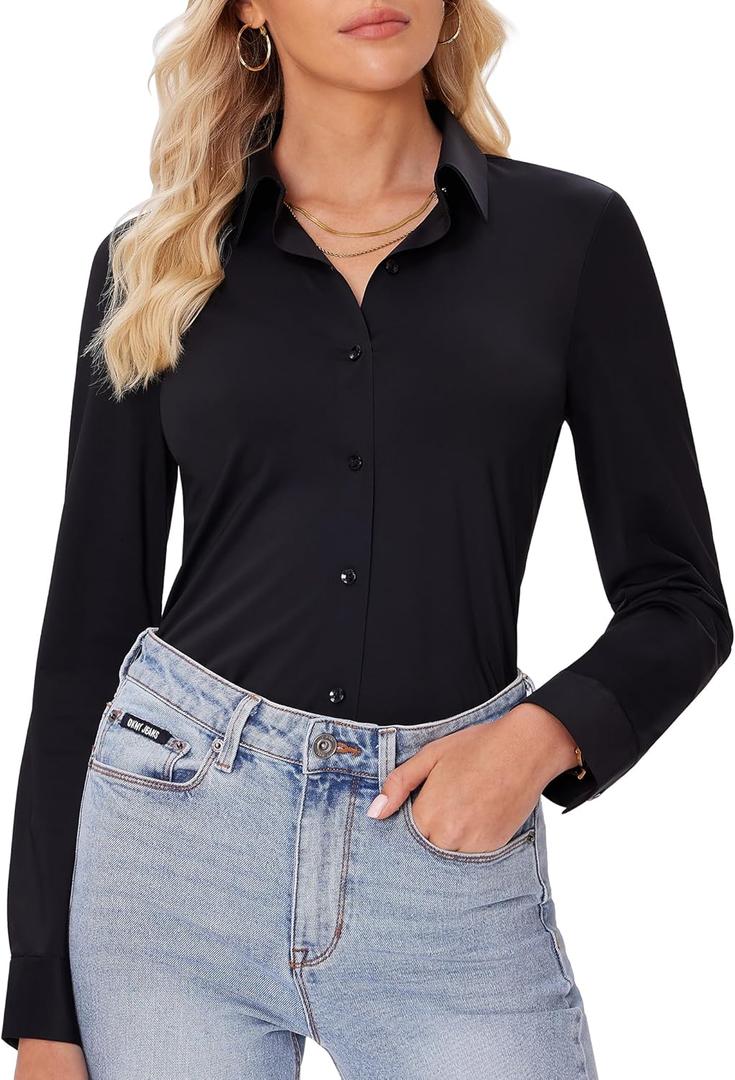 siliteelon Button Down Shirts for Women Slim fit Long Sleeve Stretch Dress Shirts Work Shirt Wrinkle Free Office Blouses (Medium, Black)