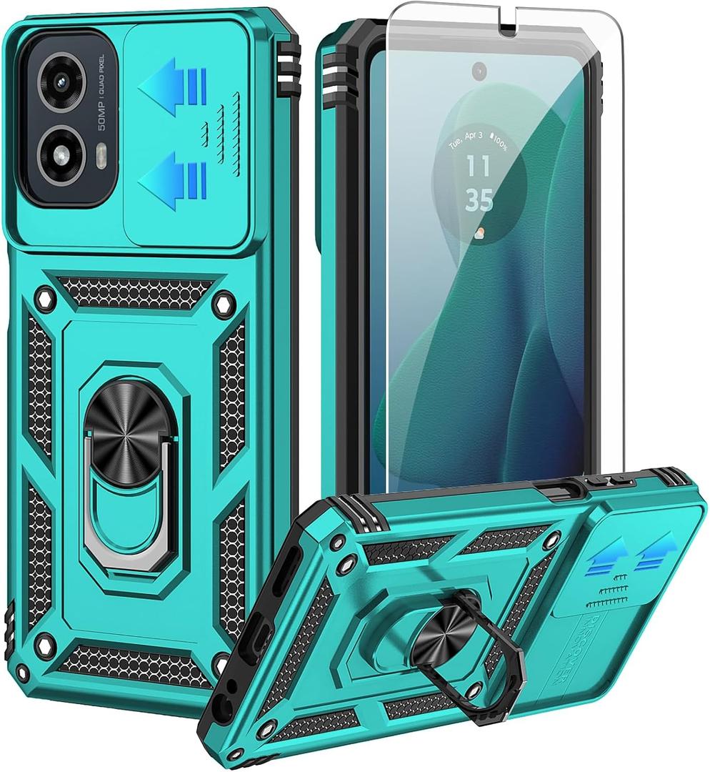 for Moto G 5G 2024 Case,with HD Screen Protector,[Slide Camera Cover],Military Grade Rugged Drop Protective Case with Magnetic Shockproof Kickstand for Moto G 5G 2024 (Mint)