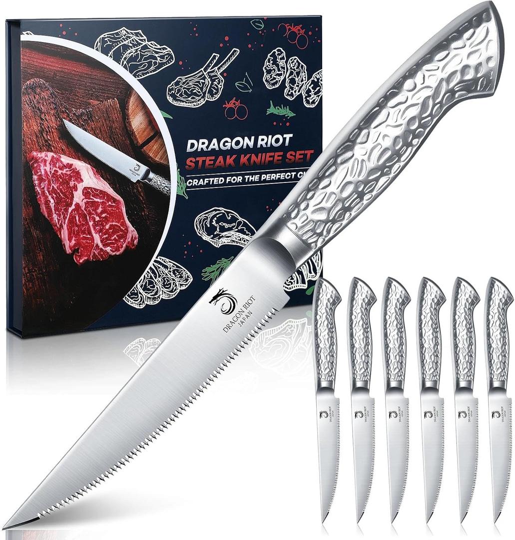 DRAGON RIOT Steak Knives Set of 6 Serrated Edge Steak Knife Set Japanese Stainless Steel Dinner Knife Diswasher Safe Steak Knives with Gift Box