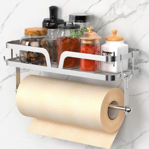 Taozun Paper Towel Holder Wall Mount, Kitchen Paper Holder Spice Rack Paper Towel Roll Holder Bathroom Hand Towel Holder with 4 Hooks (2 Installation Methods - Self-Adhesive and Drilling) Silver Taozun Paper Towel Holder Wall Mount, Kitchen Paper Holder Spice Rack Paper Towel Roll Holder Bathroom Hand Towel Holder with 4 Hooks (2 Installation Methods - Self-Adhesive and Drilling) Silver