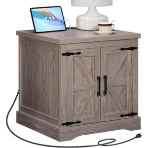 Farmhouse End Table with Charging Station, 24" Large Sofa Table with Barn Door, Rustic Square Grey Nightstand with Adjustable Storage Shelf, Bedside Table for Bedroom, Living Room