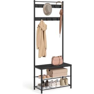 VASAGLE Coat Rack, Hall Tree with Shoe Storage Bench, 3-in-1, Steel Frame