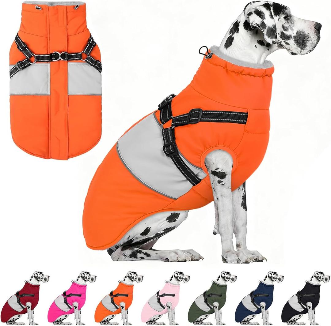 AOFITEE Dog Coat, Large Dog Jacket, Dogs Coat with Harness Built in, Reflective Waterproof Dogs Jackets Winter with Furry Collar, Warm Polar Fleece Pet Sweater Snowsuit for Doberman, Great Dane XXXL (Orange)