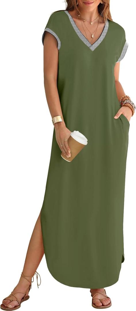 MEROKEETY Women's 2025 Spring Summer Maxi Dress Casual V Neck Split Beach Vacation Loose Long Dresses (Green, S)