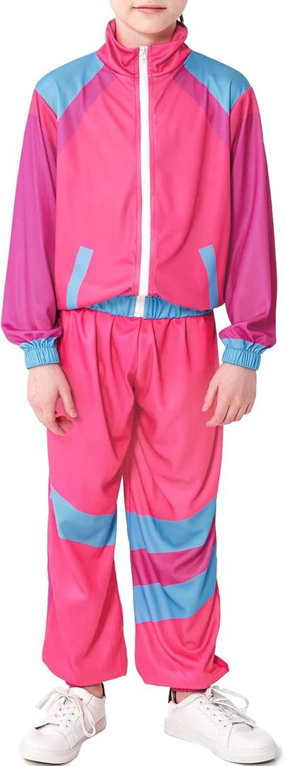 Happy Cherry Kids 80s Tracksuit Colorblock Hip Hop Dance Outfit Boys Girls Retro Windbreaker Jacket with Pants Set, Size 110