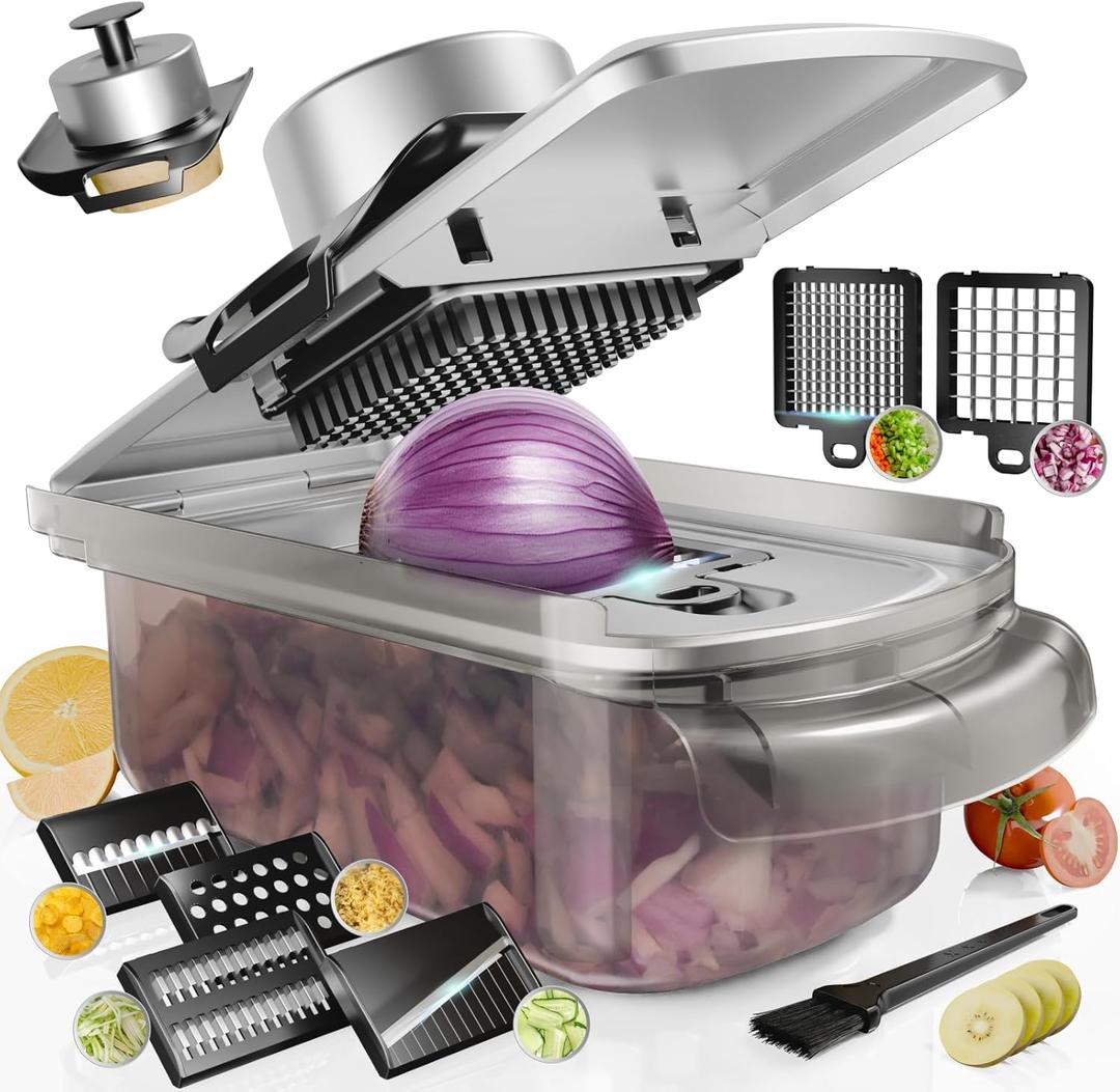 Vegetable Chopper Stainless Steel, 9-in-1 Mandoline Food Slicer for Kitchen, Veggie Chopper with Container, Vegetable Cutter for Salad,Potato,Carrot, Onion and Fruit, Home Essentials