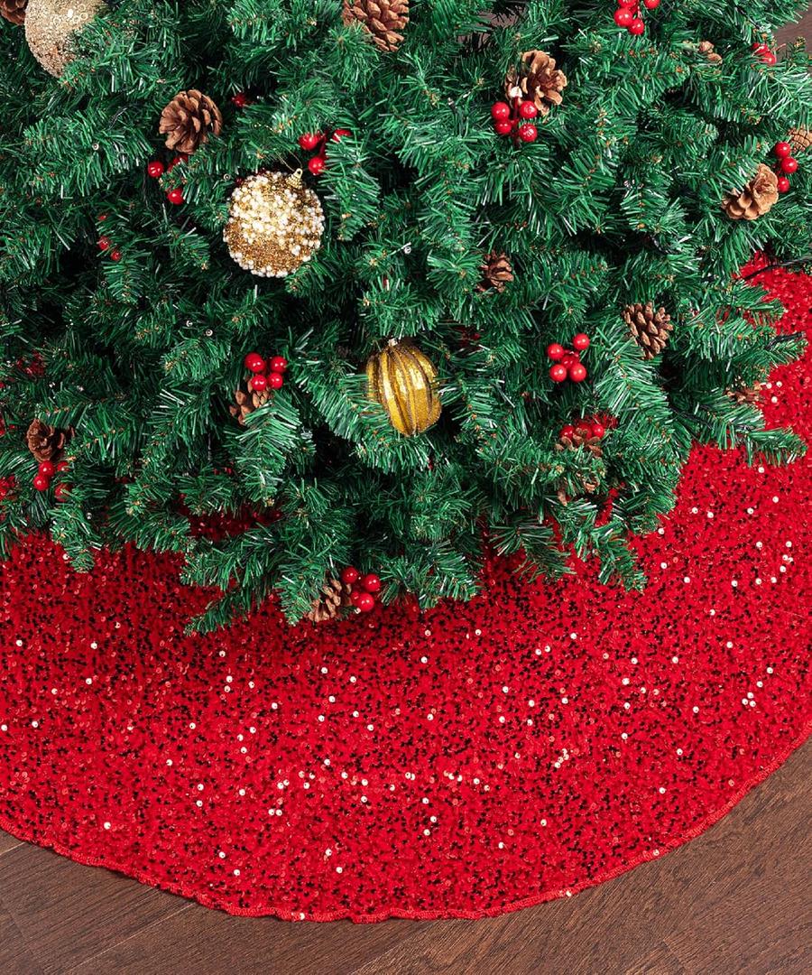 Mr. Pen- Small Christmas Tree Skirt 24 inch, Red Sequin Tree Skirt