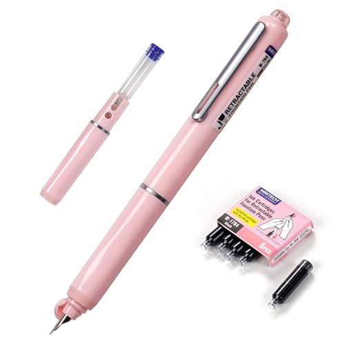WRITECH Retractable Fountain Pen Set: Black Ink Fine Nib, 5 Refillable Ink Cartridges Included, No Leaking Smooth Writing for Calligraphy Journaling Gift (Pink)