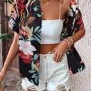 Hawaiian Shirts for Women Soft Cool Summer Hawaiian Shirt Floral Tropic Print Tees V Neck Button Up Short Sleeve Top (Black, L)