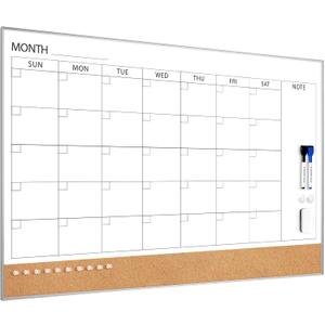 ARCOBIS Dry Erase Calendar with Cork Board for Wall, 36"x 24" Magnetic Calendar Whiteboard with Silver Frame, Monthly Combination Board for School, Home, Office