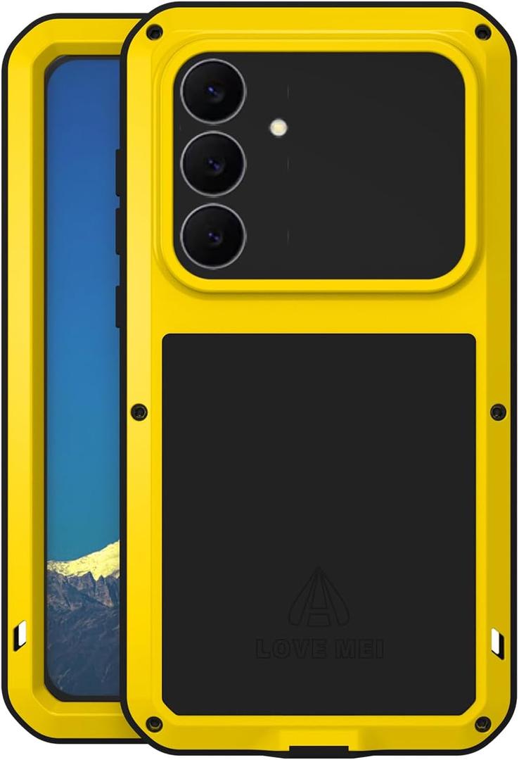 LOVE MEI Military Rugged Case for Samsung Galaxy S25 FE 5G, with Tempered Glass Screen Protector, Shockproof Dustproof Scratch Proof Hybrid Metal and Silicone Gel Heavy Duty Full Body Cover (Yellow)