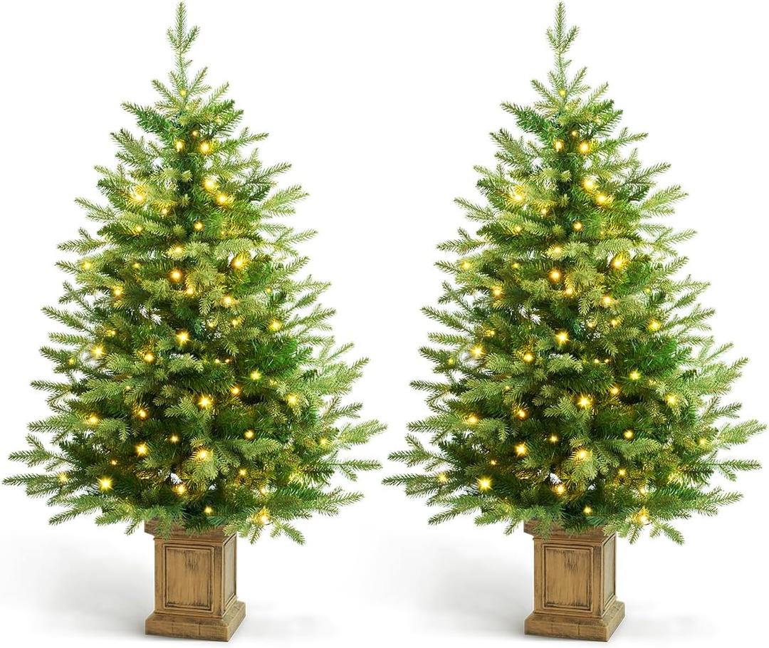 4FT Christmas Tree with 100 Lights, Potted Artificial Christmas Tree Outdoor Decor 8 Mode Timer Waterproof with Real-Like Tips & Round Branches for Front Door, Porch, 2 Pack (Green) (Green)