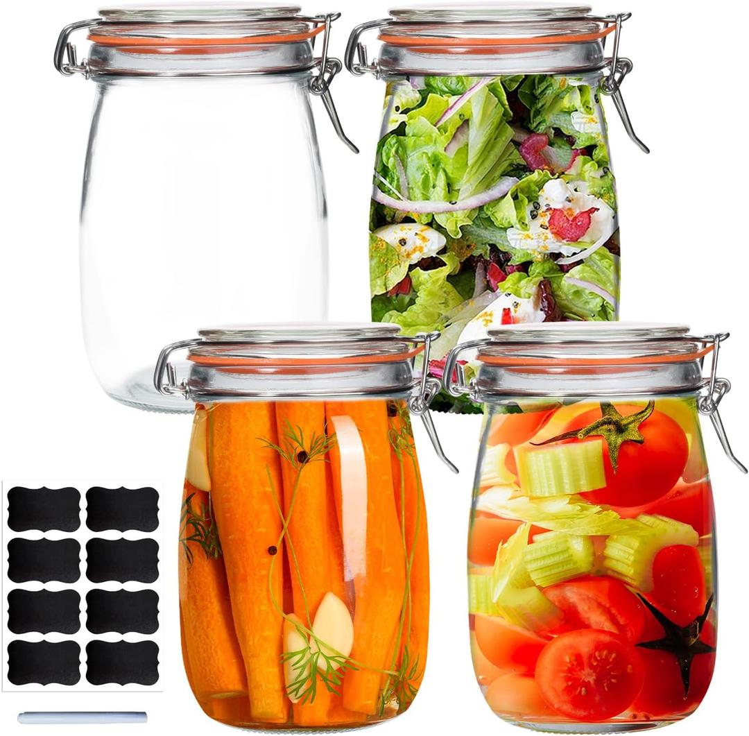 32 oz Wide Mouth Mason Jars,4 Pack Glass Pickling Jars with Airtight Lids,Air Tight Glass Storage Container for Canning,Pickling,Fermenting (32OZ)