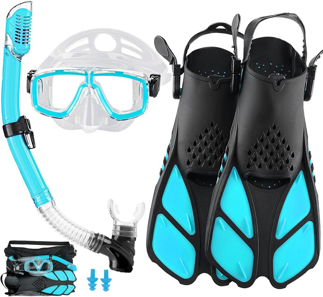 Snorkeling Gear for Adults with Fins Scuba Diving Gear Adult Professional Travel Snorkel Sets with Flippers,Anti-Fog Anti-Leak Diving Mask (US Men 4-8.5 | US Lady 6-9.5, Sky-blue)
