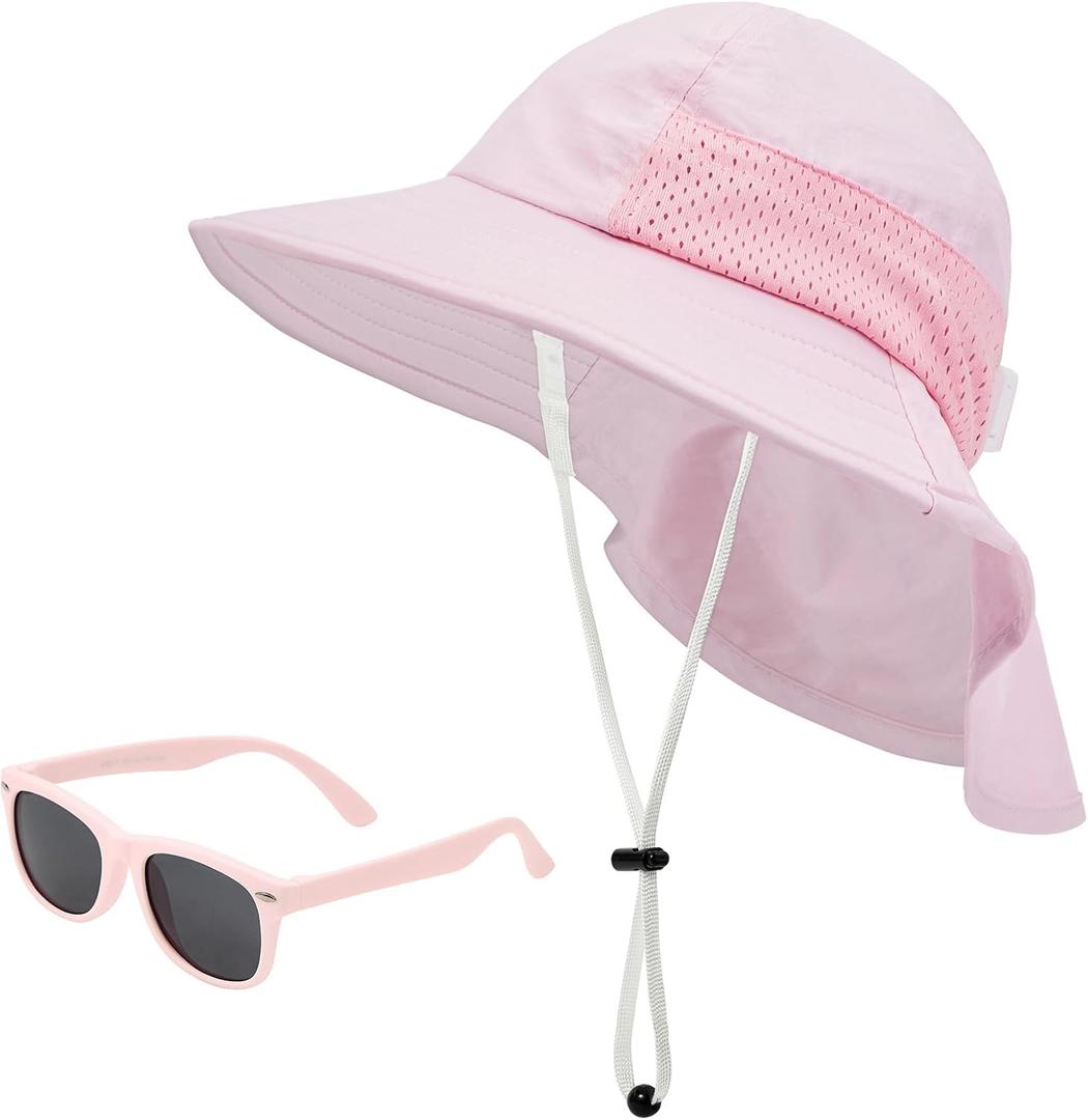 Century Star Baby Sun Hat with Sunglasses for Girls Boys Neck Flap Protection UPF 50+ Beach Hats Kids Wide Brim Outdoor Swim Cap for Toddler A1 Pink 2-6 Years