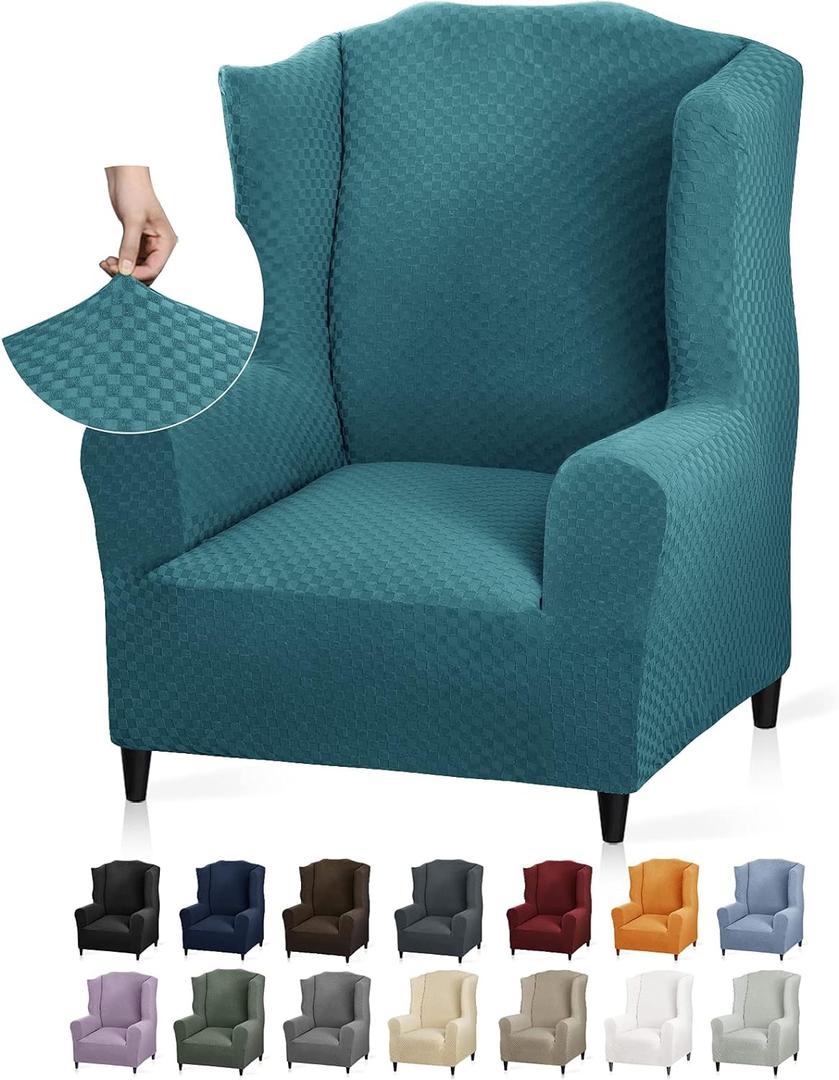 YEMYHOM 1 Piece Stretch Wingback Chair Slipcover Latest Jacquard Design Wing Chair Cover Non Slip Furniture Protector with Foam Rods for Living Room (Wing Chair, Peacock Blue)
