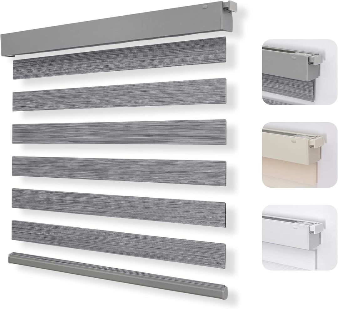 Joydeco No Drill Zebra Blinds for Windows, Cordless Dual-Layer Privacy Zebra Shades for Indoor Windows, Easy to Install, Light Filtering Sheer Blinds for Home (Grey,28 "W x 75 "H)