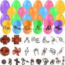 GOLDGE 24 Pack Easter Eggs Filled with Brain Teaser Puzzle Set for Adults & Kids, Ancient Wooden & Metal 3D Puzzles, IQ Logic Games for Easter Basket Stuffers & Party Favors, Egg Hunt, Family Fun