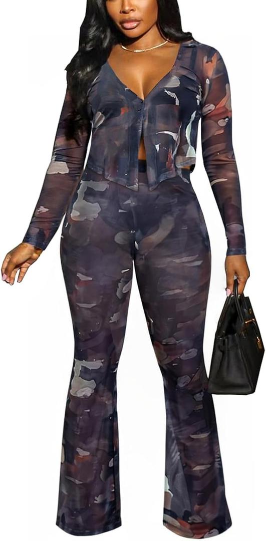 Acelyn Sexy 2 Piece Outfits for Women Summer Mesh Printed Long Sleeve Button Down Shirt Tops and Bodycon Flared Pants Sets (X, Black)