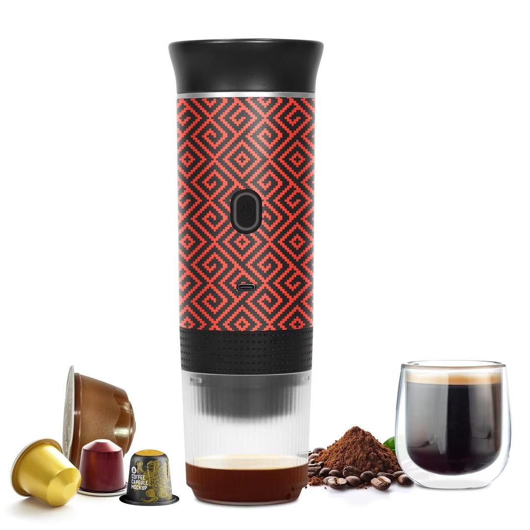 Portable Coffee Maker for Travel, Battery Powered Portable Electric Espresso Machine for Camping, Rechargeable Coffee Maker Self Heating with Ground Coffee & Capsule for RV, Hiking (Red mix Black)