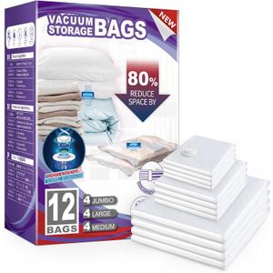 TAILI 12 Pack Combo Vacuum Storage Bags, Vacuum Seal Bags for Clothing (4 Jumbo, 4 Large, 4 Medium), Space Saver for Bulky Beddings, Comforters, Blanket, Closet Organization Space Saving (Cream)