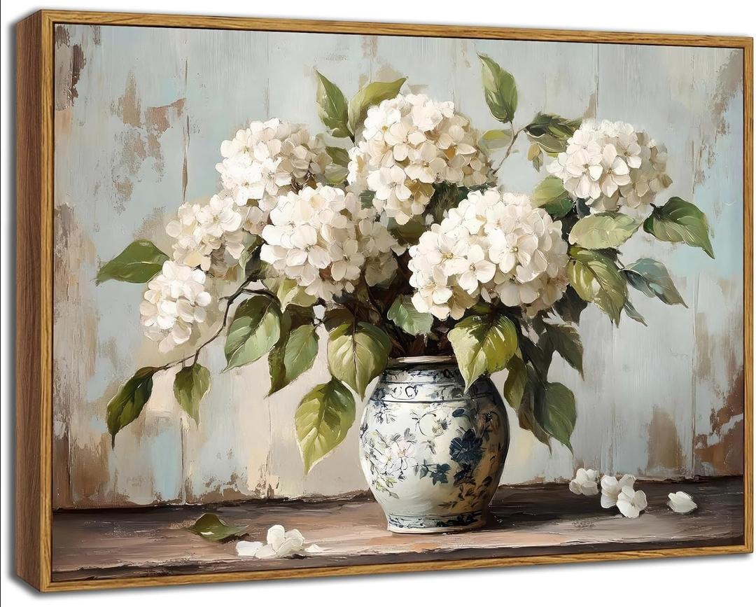 Framed Vintage Hydrangea Wall Art Rustic White Hydrangeas Prints Wall Decor Vintage Floral Bathroom Canvas Painting Farmhouse Flower Still Life Paintings Artwork for Bedroom Living Room 8x10 Inch 
