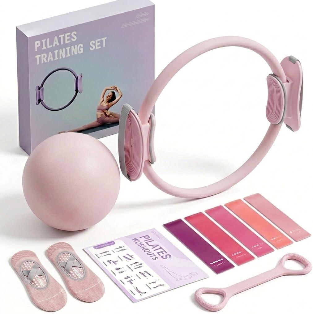 Pilates Ring Kit for Home Workout to Tone, Sculpt and Strengthen(Pink)