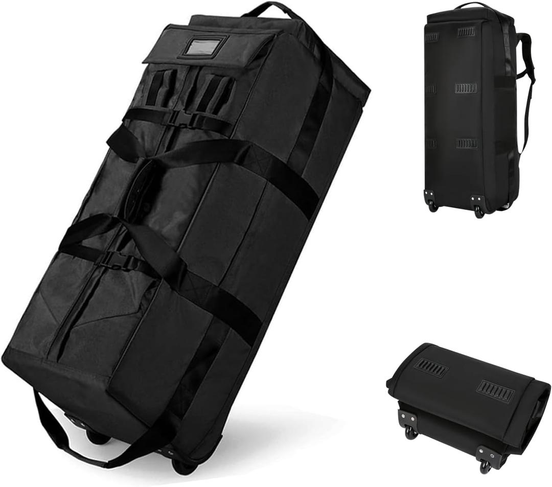 Foldable Duffel Backpack with Wheels.80L Rolling Duffle Bag Luggage Suitcase Outdoor Sports Carry On Garment Bags for Travel Camp (Black)