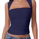 QINSEN Womens Square Neck Tank Tops Side Ruched Double Lined Slim Fit Summer Going Out Crop Top (Small, Navy)