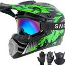 Youth Kids Motocross Helmet, ATV Dirt Bike Helmet, Off-Road BMX 4-Wheeler Full Face Motorcycle Helmet W/Goggles Gloves & Mask, DOT Approved (Bright Green, Medium)