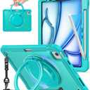 BATYUE Case for iPad Air 11 Inch M3/ M2 (2025/ 2024), Air 5th/ 4th 10.9 Inch (2022/ 2020), Pro 11" 4th/ 3rd/ 2nd/ 1st, Shockproof Cover with 360 Rotating Stand, Pencil Holder, Shoulder Strap, Light Blue