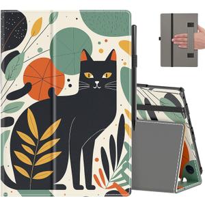 COOWPS Case for All-New Amazon Fire HD 10 Tablet (13th/11th Generation, 2023/2021 Release) 10.1" - Slim Folding Stand Cover with Auto Wake/Sleep, Hand Strap & Stylus Pen Holder, Black Cat