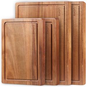 Wood Cutting Boards for Kitchen, Large Cutting Board Set of 4, Wooden Cutting Boards with Juice Grooves, Chopping Board for Meat, Veggies, Easy Grip Handle (double 17x12, 12x9, 12x8 inch)