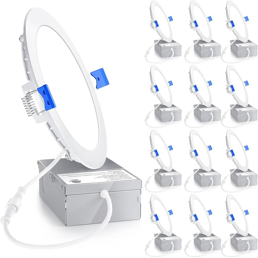 Ensenior 12 Pack 6 Inch LED Recessed Light, 6000K Dimmable Canless Wafer