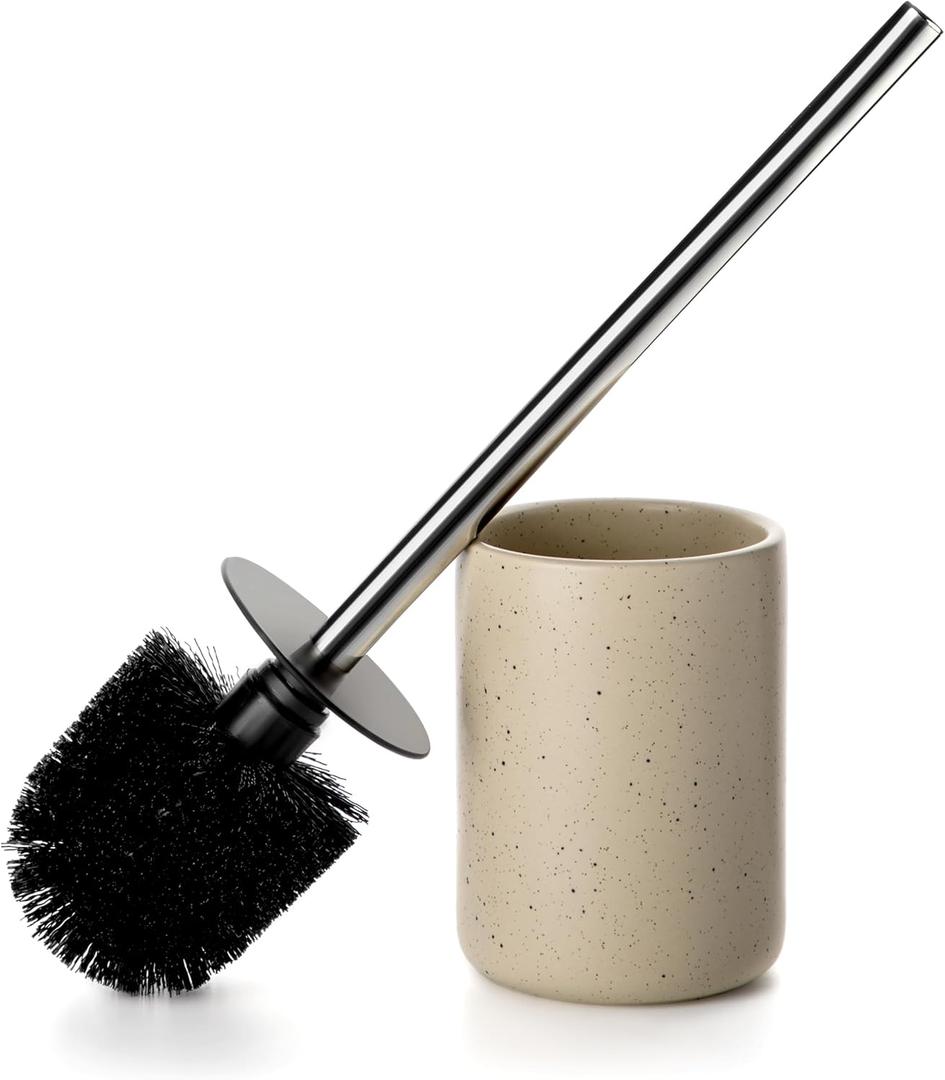 Ceramic Toilet Brush & Holder Set - Freestanding Deep-Cleaning Toilet Bowl Cleaner Brush, Stainless Steel Handle, Small & Sturdy for Storage, Easy to Clean, Non-Scratching (Sand)