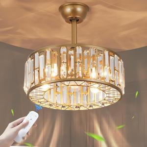 18.2" Gold Caged Ceiling Fans with Lights Remote Crystal Fandelier 4-Lights Flush Mount Fan Light Modern Enclosed Chandelier Fan with 6 Speeds for Bedroom Living Room Kitchen Dining Room Hallway