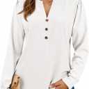 Cicy Bell Womens Puff Long Sleeve Henley Shirts Trendy Casual V Neck Button Up Tunic Tops Loose Fit Basic Tees (White, L)