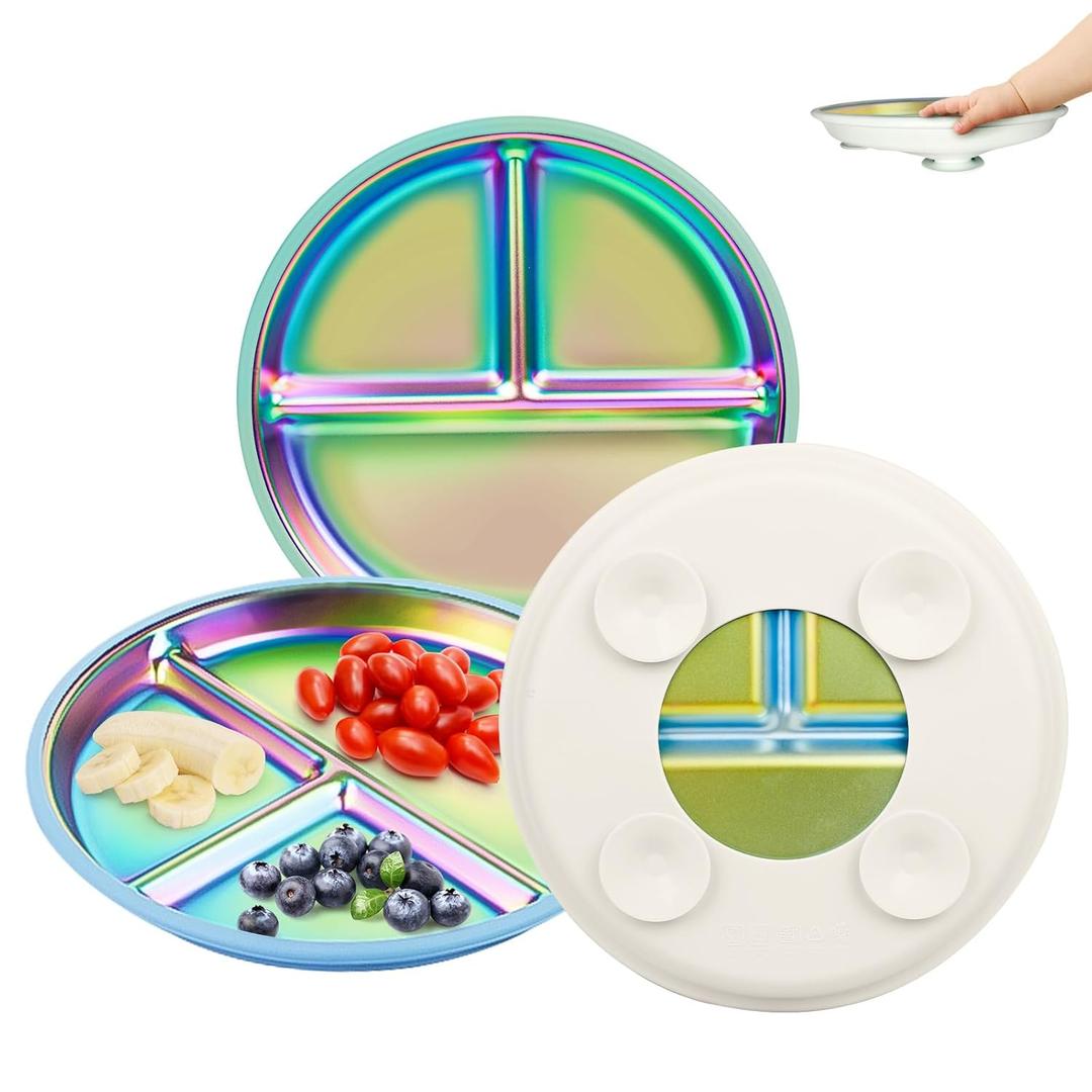 3 x Stainless-Steel Baby Plates with Suction: Food Grade & Dishwasher Safe - Baby Led Weaning Supplies for Toddlers - High Chair & Dining Table (Rainbow)