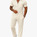 UOUA Mens Summer 1 Piece Set Casual Outfits Button Short Sleeve Shirt & Loose Pants Textured Striped Tracksuit Walking Suits
medium