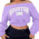 LovelyWholesale Women Off the Shoulder Sweatshirt Graphic Crop Tops Long Sleeve Shirts Neon Pink Medium (Pink, M)