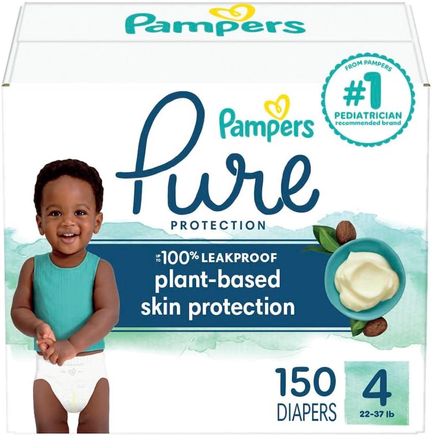 Pampers Pure Protection Baby Diapers, Size 4, 150 Count, Up to 100% Leakproof, Premium Plant-based Skin Protection, Hypoallergenic Soft Diapers
