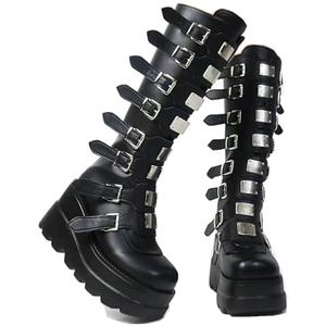 Gothniero High Platform Knee Boots Chunky Heel Wedge Black Boots For Women Combat Goth Punk Motorcycle Booties Zip up With Metal Buckles Size 39