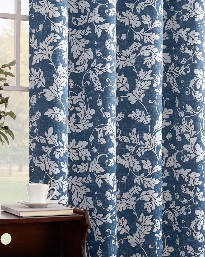 jinchan 100% Blackout Curtains for Bedroom, Blue Scroll Leaf Patterned Curtains 84 Inch Length for Living Room, Farmhouse Vintage Drapes, Thermal Insulated Window Curtains, Grommet 2 Panels Blue