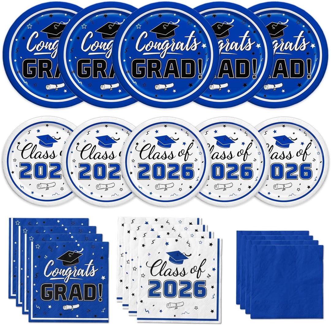 Graduation Blue Party Supplies Kit Dinner Plates Dessert Plates and Napkins for Congrats Grad Party Decorations, Serves 50