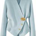 Verdusa Women's Elegant Metal Button Down Cardigan Wrap V Neck Long Sleeve Knitted Sweaters Blue Medium