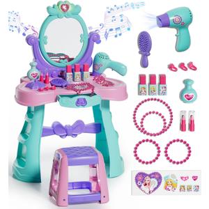 Lehoo Castle Kids Vanity Table and Chair Set with Mirror Light Music, Toddler Girls Makeup Table with Stool  Hair Dryer, Pretend Play Princess Dress Up Vanity Set, Birthday Gifts for 3 Year Old Girl (Pink)