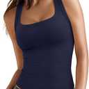REORIA Built in Bra Tank Tops for Women Summer Sleeveless Racerback Square Neck Casual Basic Ribbed Tops 2026 (Blue, M)